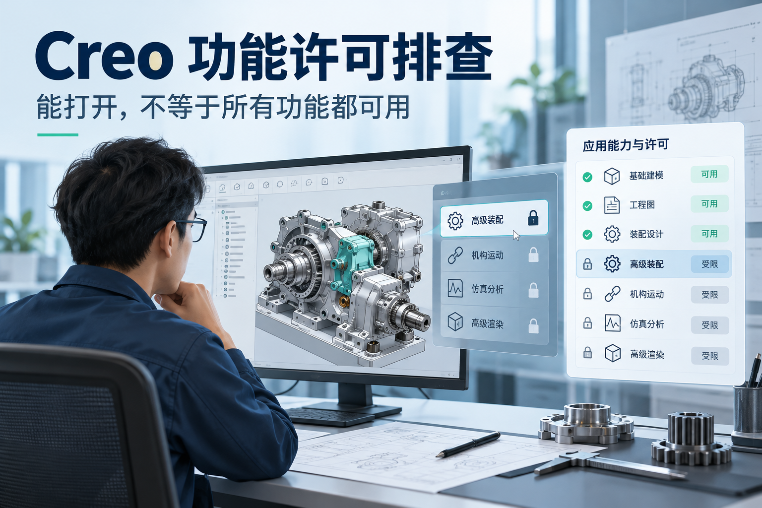 Creo 功能授权、许可占用与配置排查示意
