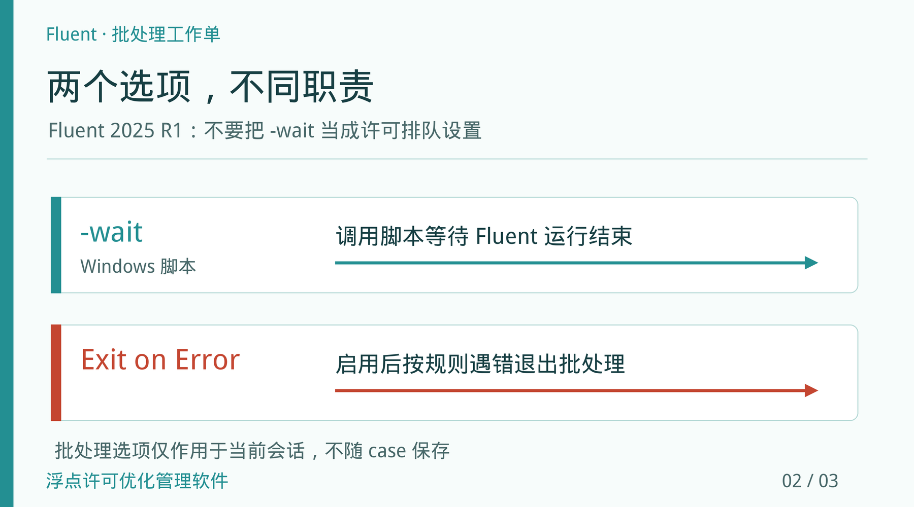 -wait等待Fluent结束,Exit on Error负责按规则遇错退出,批处理设置不随case保存