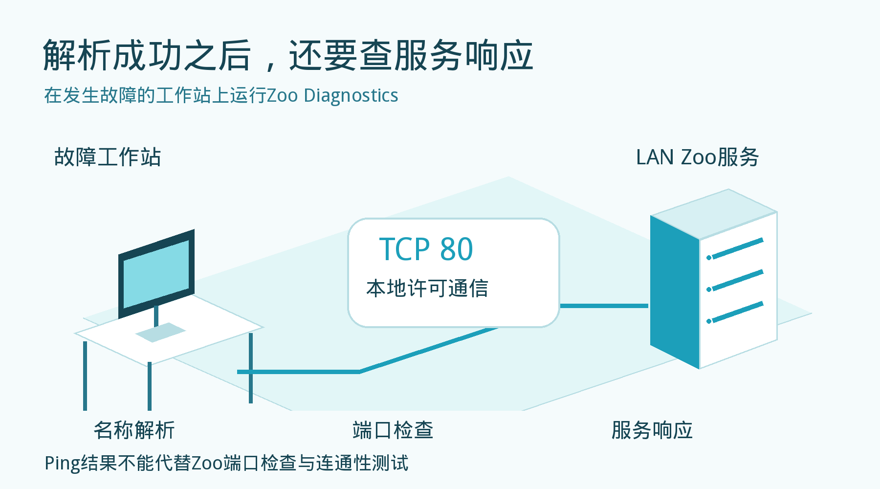 故障工作站通过TCP 80访问本地LAN Zoo并分别检查解析、端口与响应